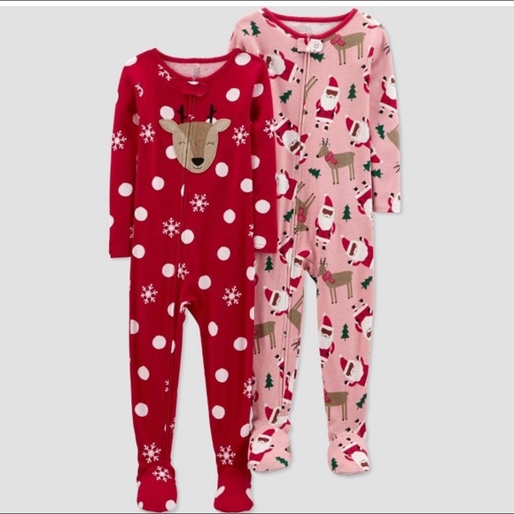 NWT Baby Girl 2pk Santa & reindeer Footed Pajama Just One You carter's 12 months - Picture 1 of 4